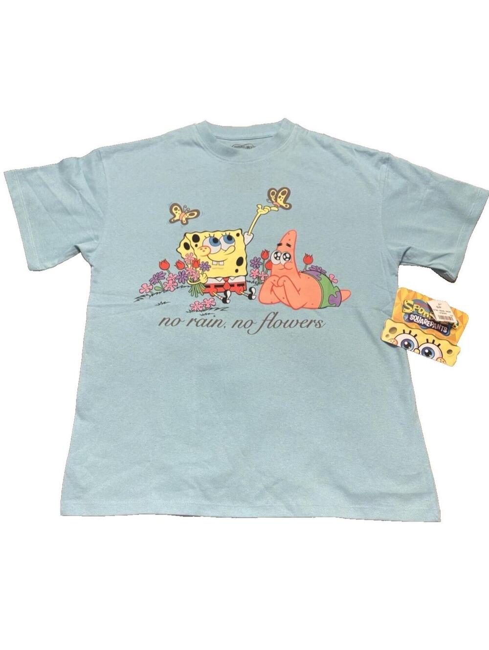 SpongeBob & Patrick Graphic Boyfriend T-Shirt Women Small "No Rain No Flowers"